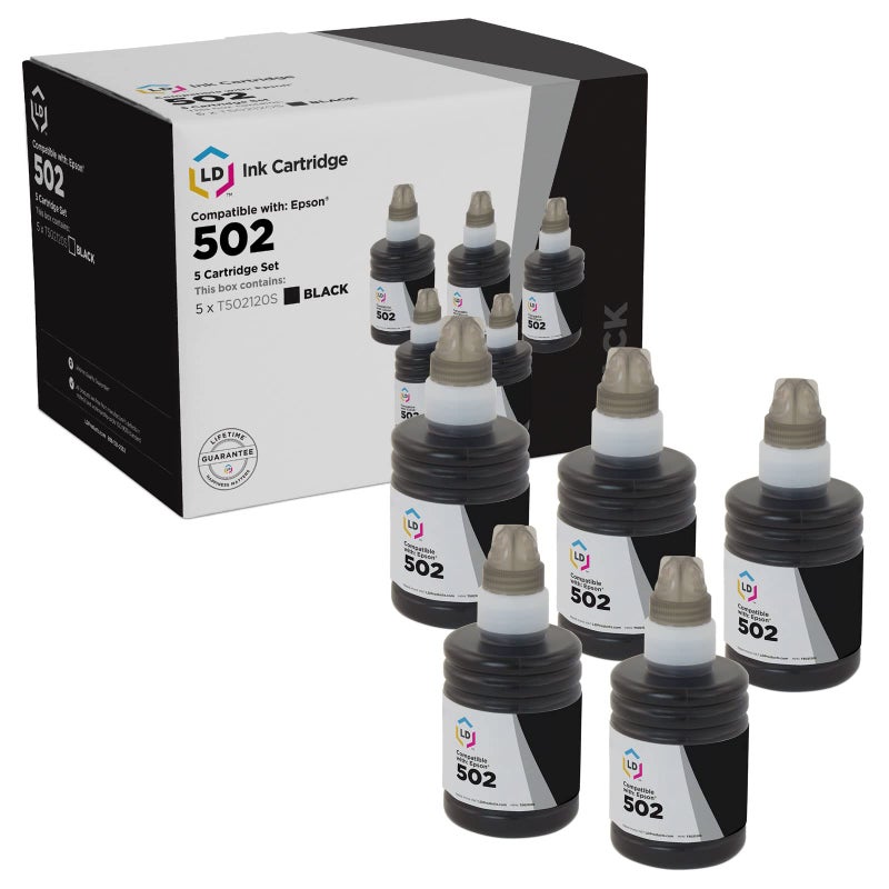 LD زجاجة حبر بديلة متوافقة من LD Products لطابعة Epson 502 T502120-S (5 عبوات - أسود) للاستخدام في سلسلة Epson ET وExpression وWorkforce - Image 1